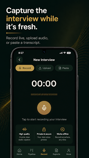 New interview screen with record, upload, and paste options